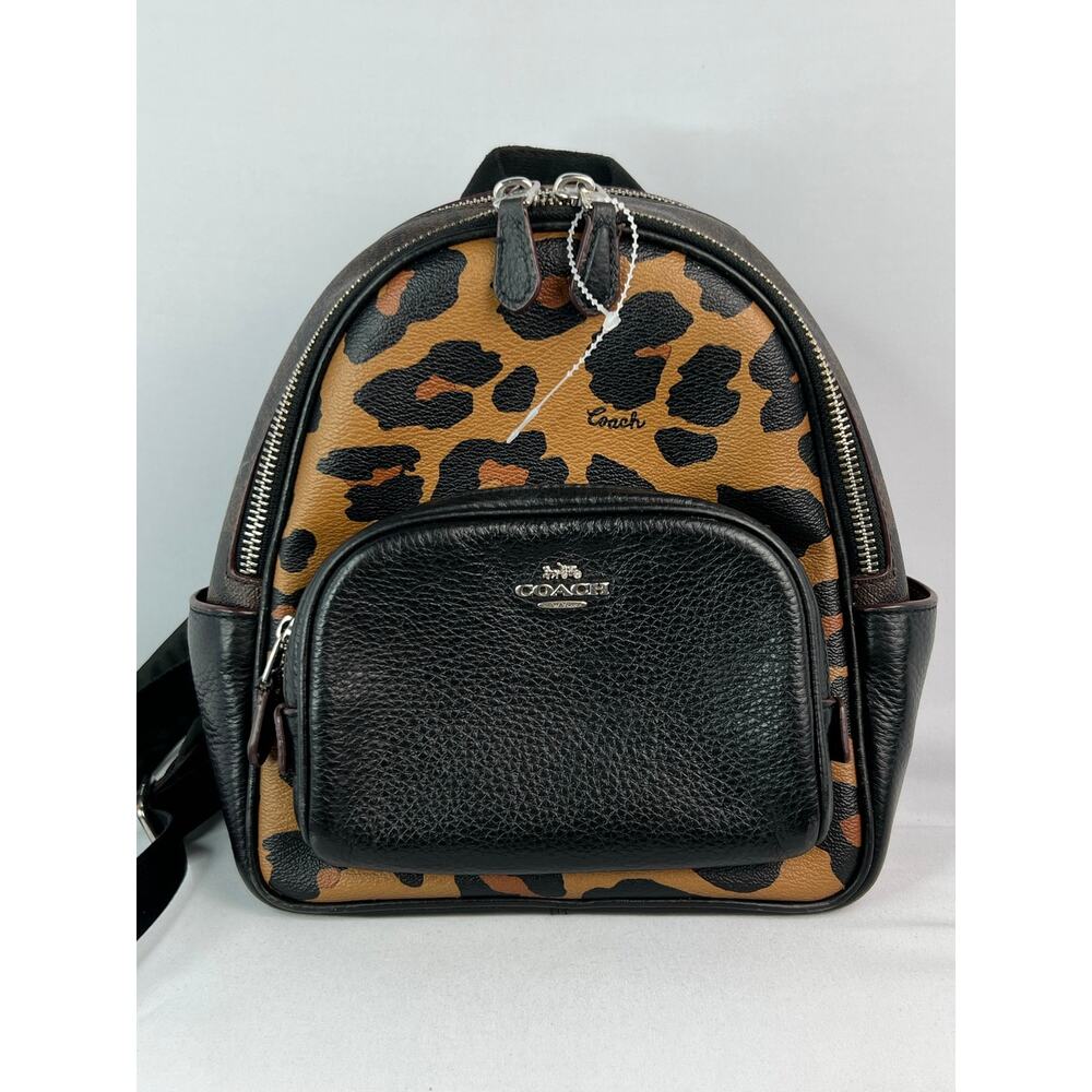 Coach Mini Court Backpack Signature Canvas Leopard Print Black Pebble Leather - Picture 8 of 12